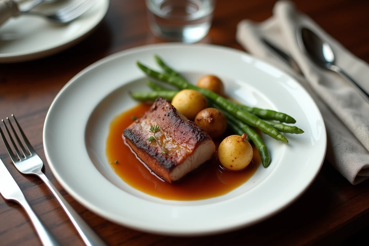 Assiette de confit de canard dressée élégamment avec pommes de terre sarladaises et haricots verts sur une table en noyer