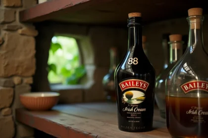 Bouteille de Baileys Irish Cream conservée debout sur une étagère en bois dans une cave fraîche aux murs en pierre