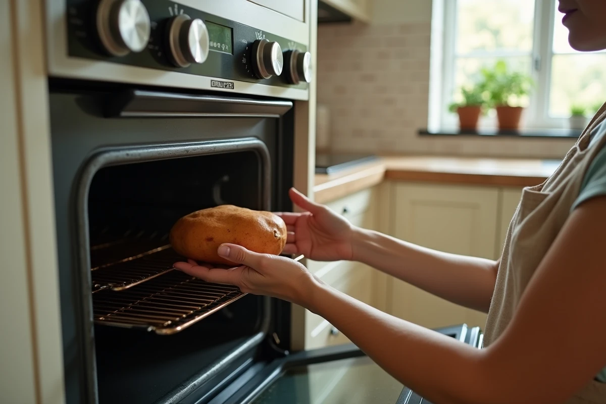 Femme plaçant une patate douce entière dans un four traditionnel ouvert dans une cuisine maison moderne