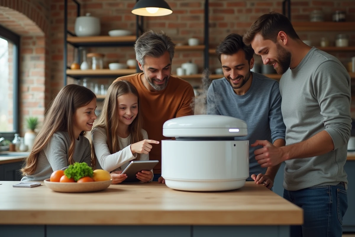 Famille réunie autour d'un robot Thermomix en fonctionnement dans une grande cuisine conviviale