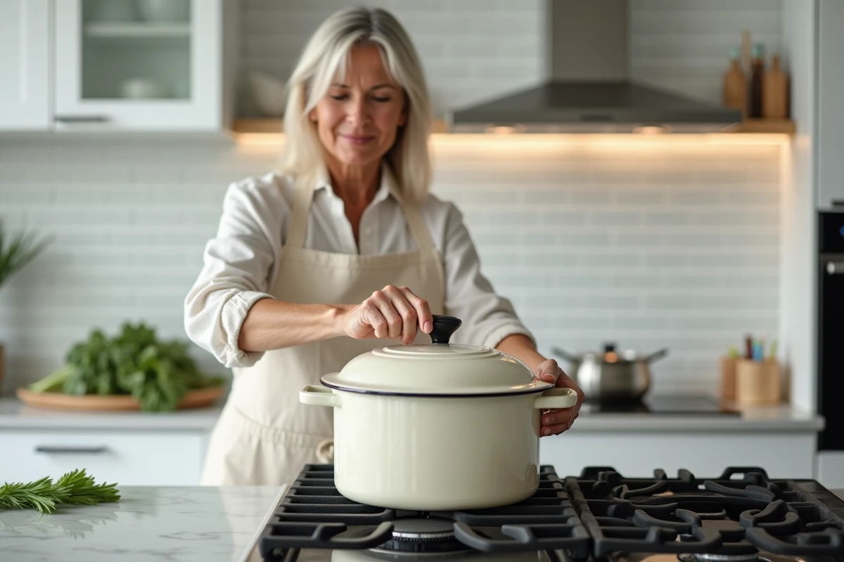 Femme en tablier déposant le couvercle sur une cocotte émaillée pour une cuisson basse température du rôti de porc