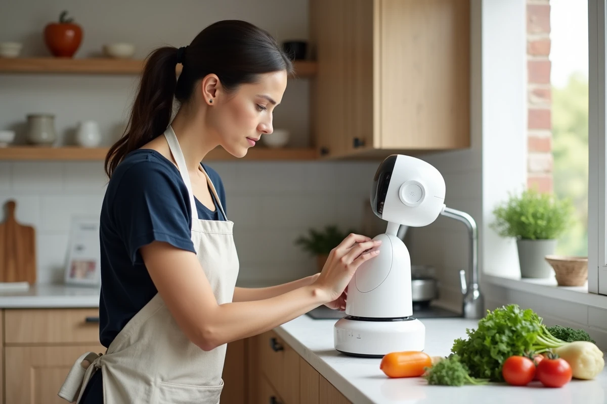 Femme évaluant un robot cuiseur Thermomix dans une cuisine familiale moderne avec des légumes frais sur le plan de travail