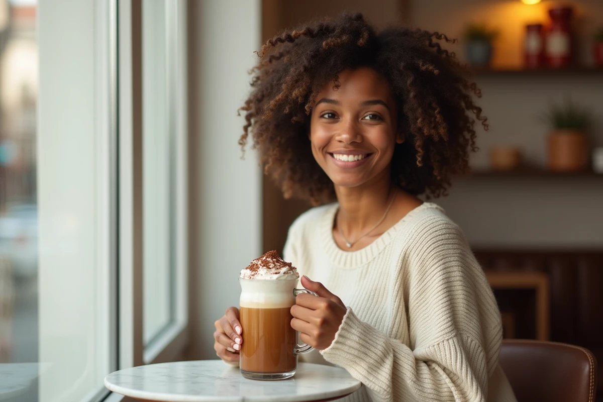 Jeune femme souriante tenant un mocktail café sans alcool avec crème fouettée dans un café lumineux ambiance cosy