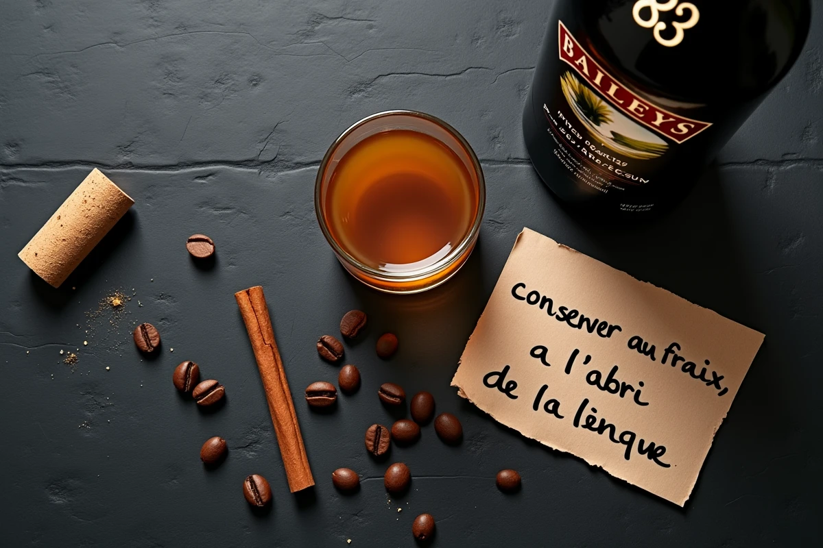 Vue de dessus d'une bouteille de Baileys ouverte avec un verre rempli, une note de conservation et des épices sur une ardoise sombre