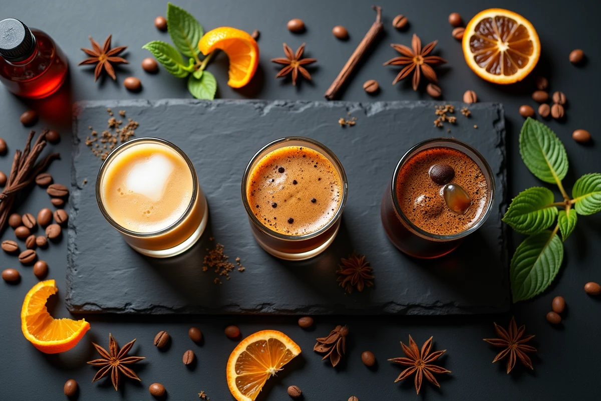 Vue de dessus flat lay de trois mocktails café sans alcool avec grains de café épices et zestes d'orange sur ardoise noire