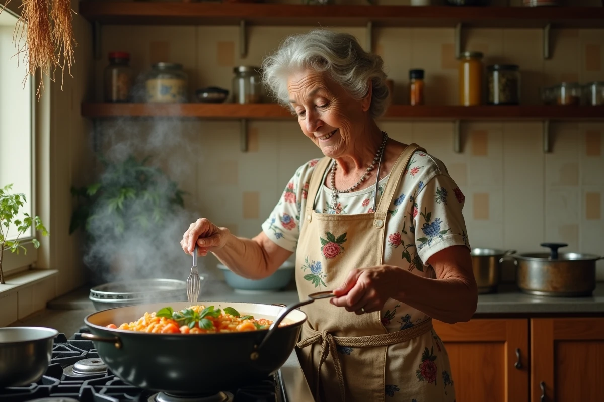 Grand-mère préparant une soupe vermicelle végétarienne dans une cuisine traditionnelle, remuant un grand faitout avec une cuillère en bois