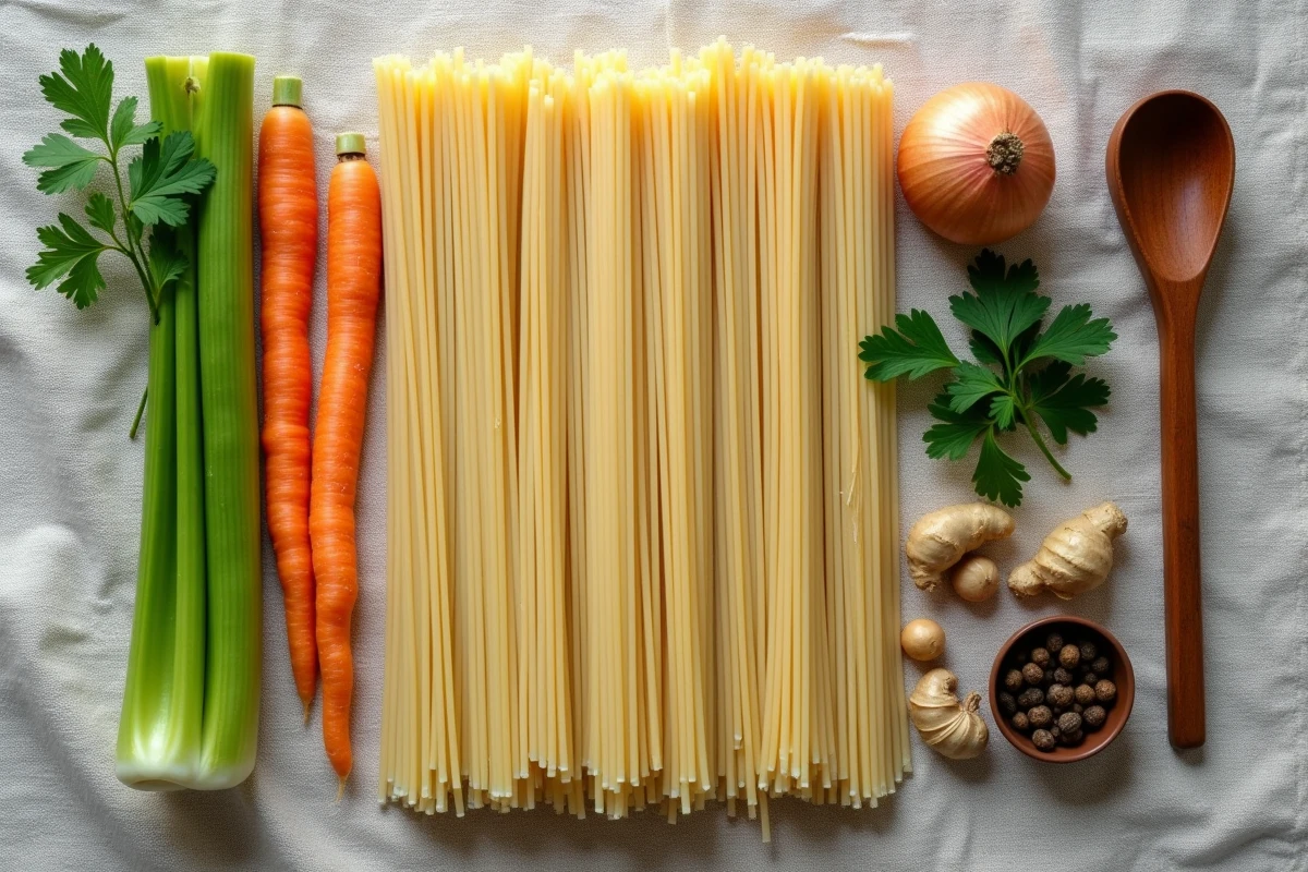 Vue à plat des ingrédients frais pour une soupe vermicelle végétarienne : vermicelles de riz, carottes, céleri, persil, gingembre et épices sur nappe en lin