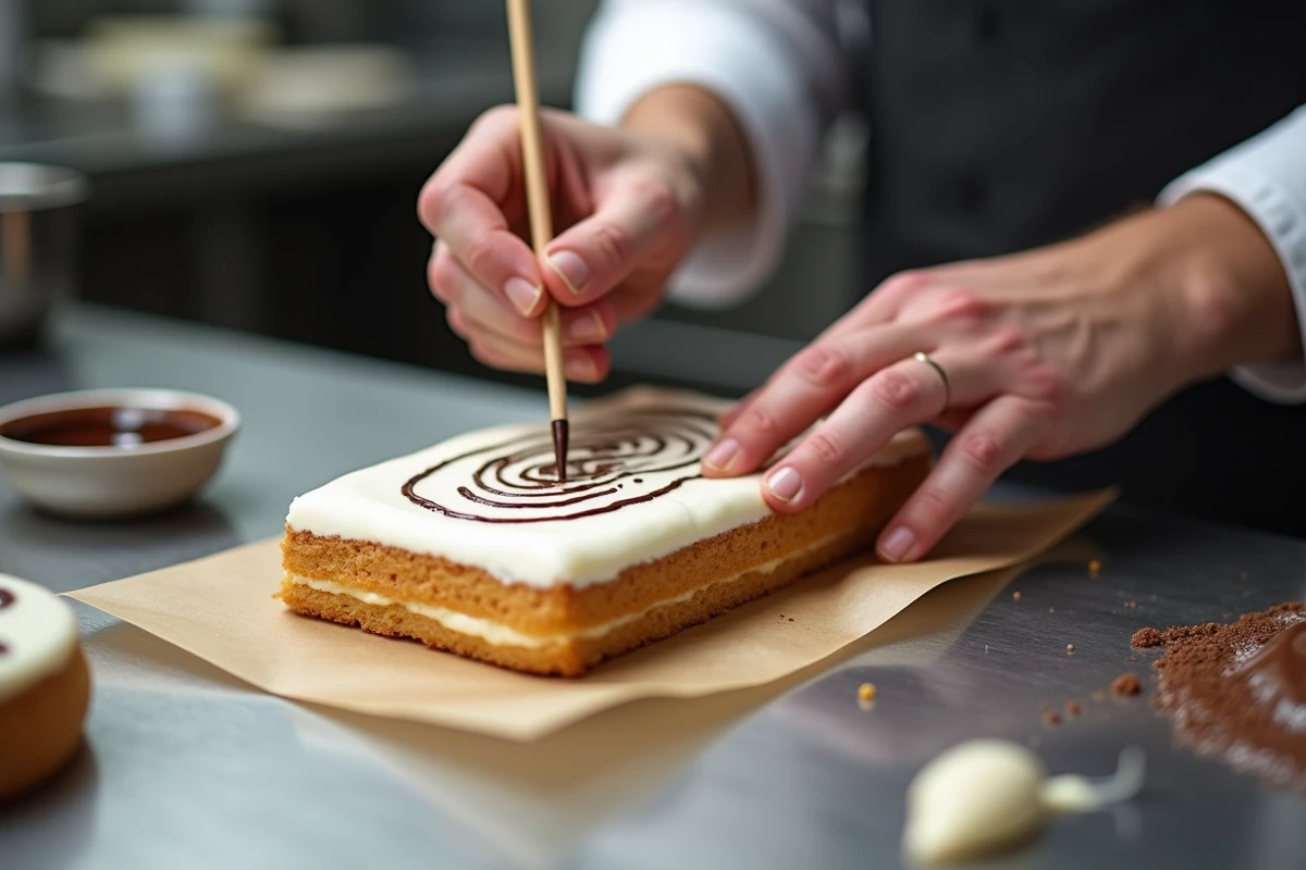 Mains d'un pâtissier en train de réaliser le motif marbré sur le glaçage d'un mille-feuille avec une pique en bois
