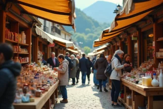 Marché transfrontalier animé à Dancharia avec étals de produits cosmétiques et alimentaires, clients faisant leurs courses