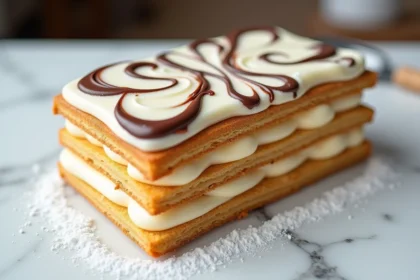 Mille-feuille avec glaçage marbré blanc et chocolat posé sur un comptoir en marbre blanc dans une pâtisserie française traditionnelle