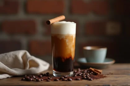 Mocktail sans alcool aux saveurs café dans un grand verre avec mousse crémeuse et grains de café sur un comptoir en bois rustique