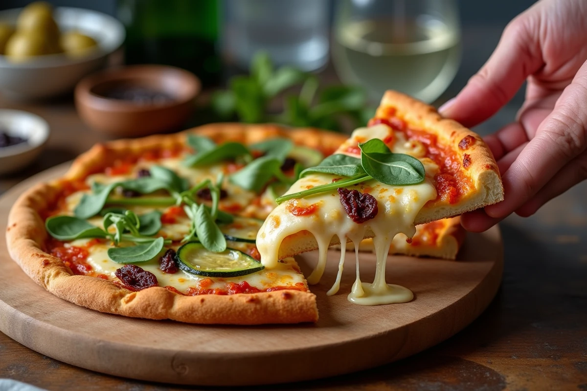 Part de pizza courgette sans gluten levée à la main avec garnitures végétales et fromage sans lactose fondu