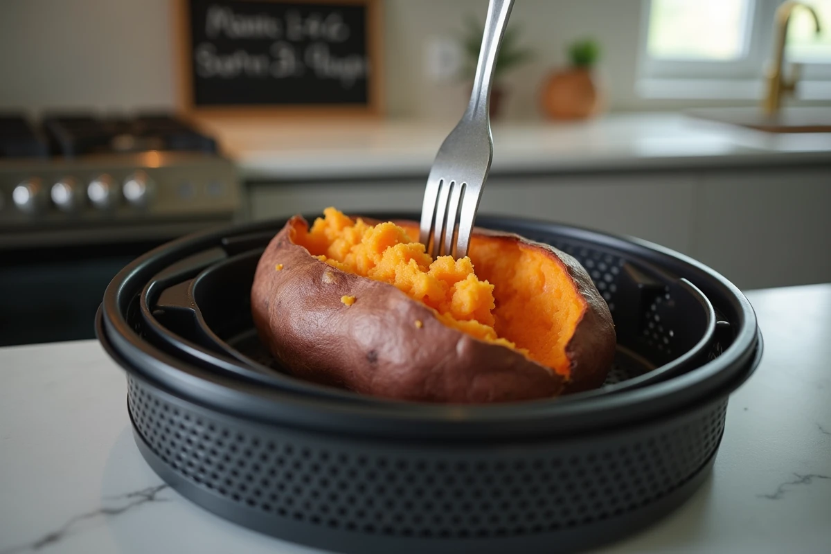 Patate douce cuite à l'air fryer dans le panier avec la peau craquante et la chair orange fondante visible