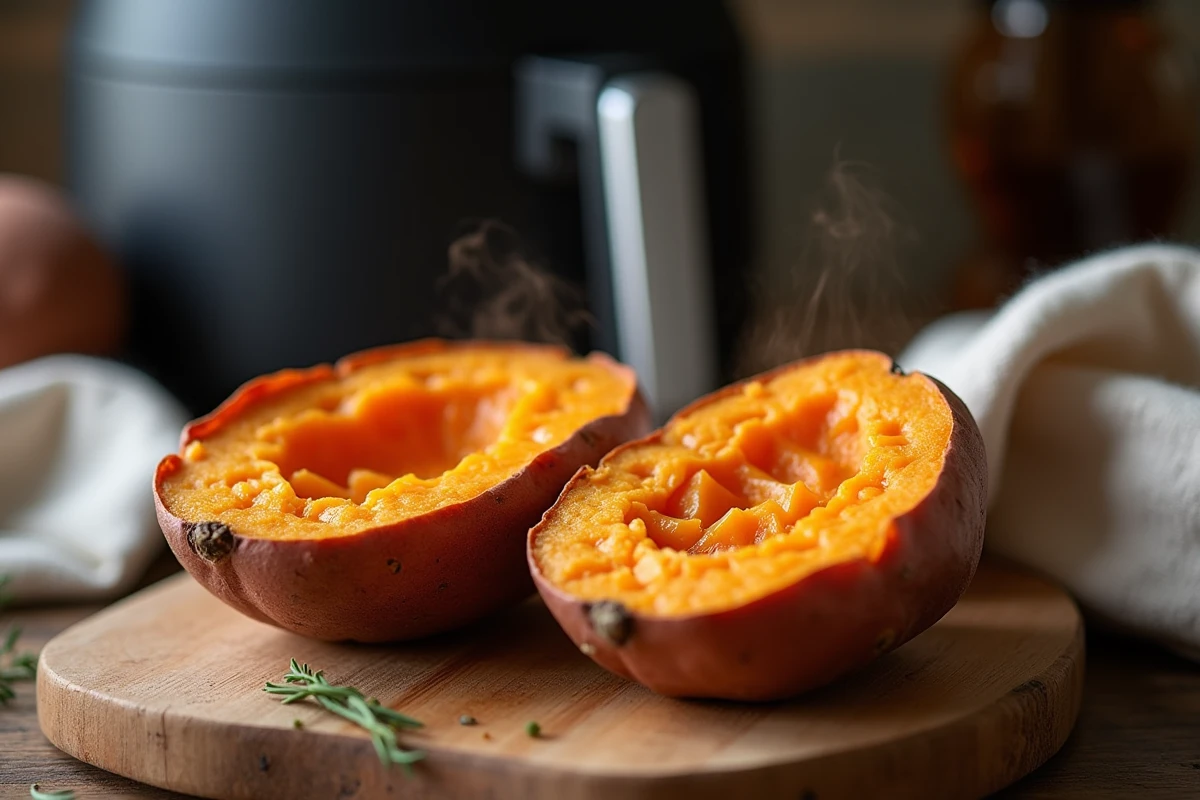 Deux patates douces au four coupées en deux côte à côte, une cuite au four traditionnel et une à l'air fryer, sur une planche en bois rustique