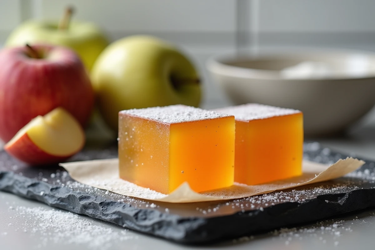Pâtes de fruit à la pomme maison dorées et sucrées sur une ardoise avec des pommes abîmées en arrière-plan