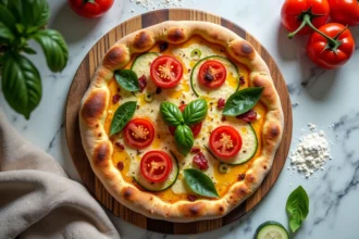 Pizza de courgette sans gluten ni lactose garnie de tomates cerises, basilic frais et poivrons rôtis sur une planche en bois rustique