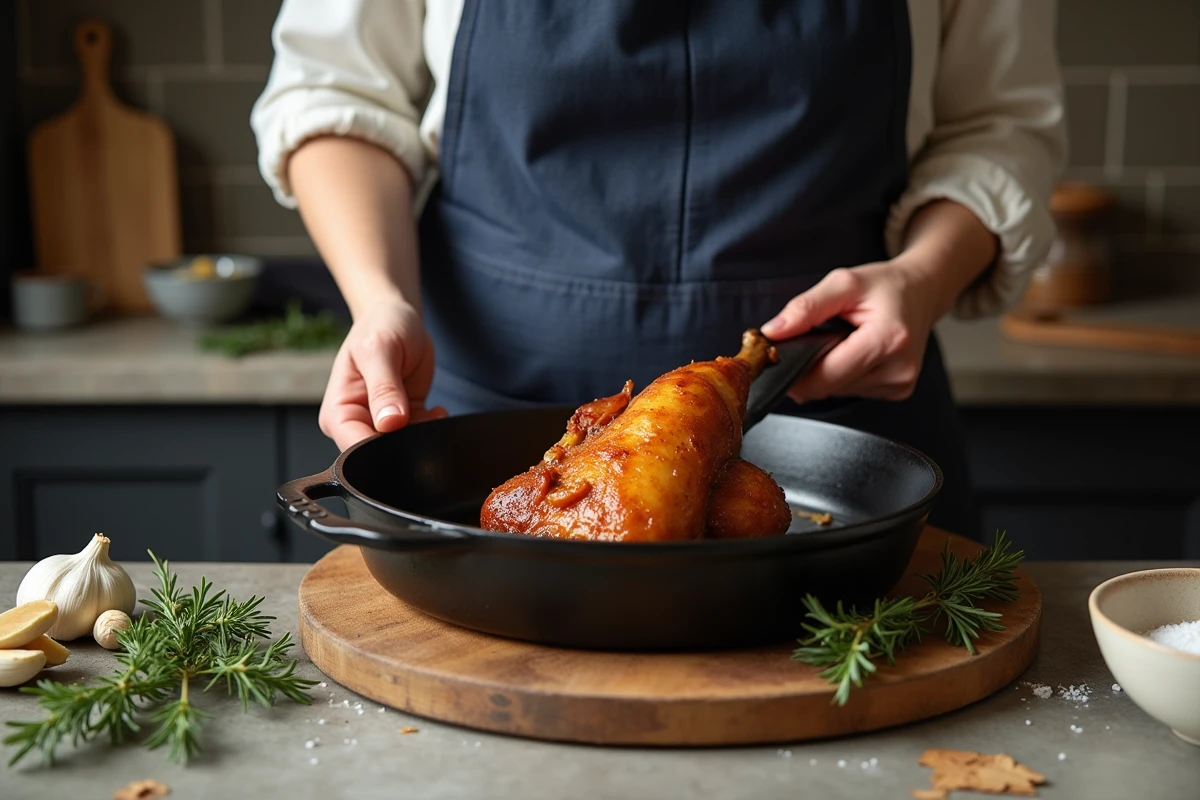 Femme en tablier de lin dressant un confit de canard dans une cuisine française avec fonte et herbes fraîches