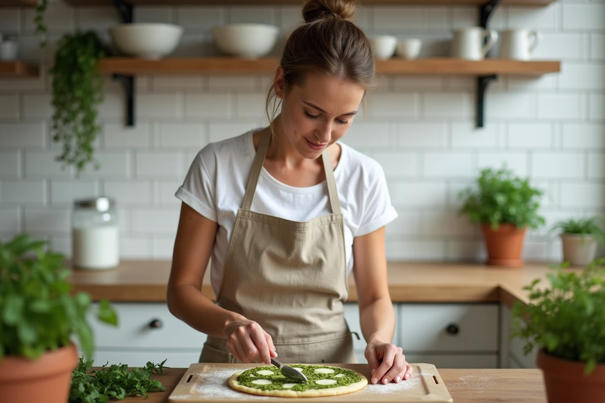 Femme préparant une base de pizza courgette sans lactose avec du pesto maison dans une cuisine moderne