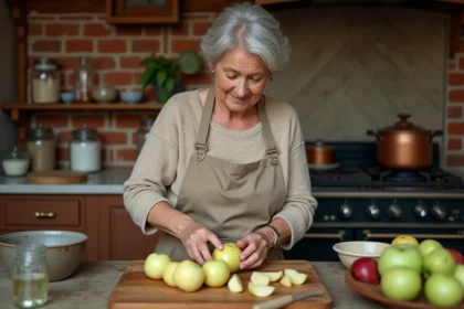 Femme préparant des pommes abîmées pour faire des pâtes de fruit dans une cuisine rustique