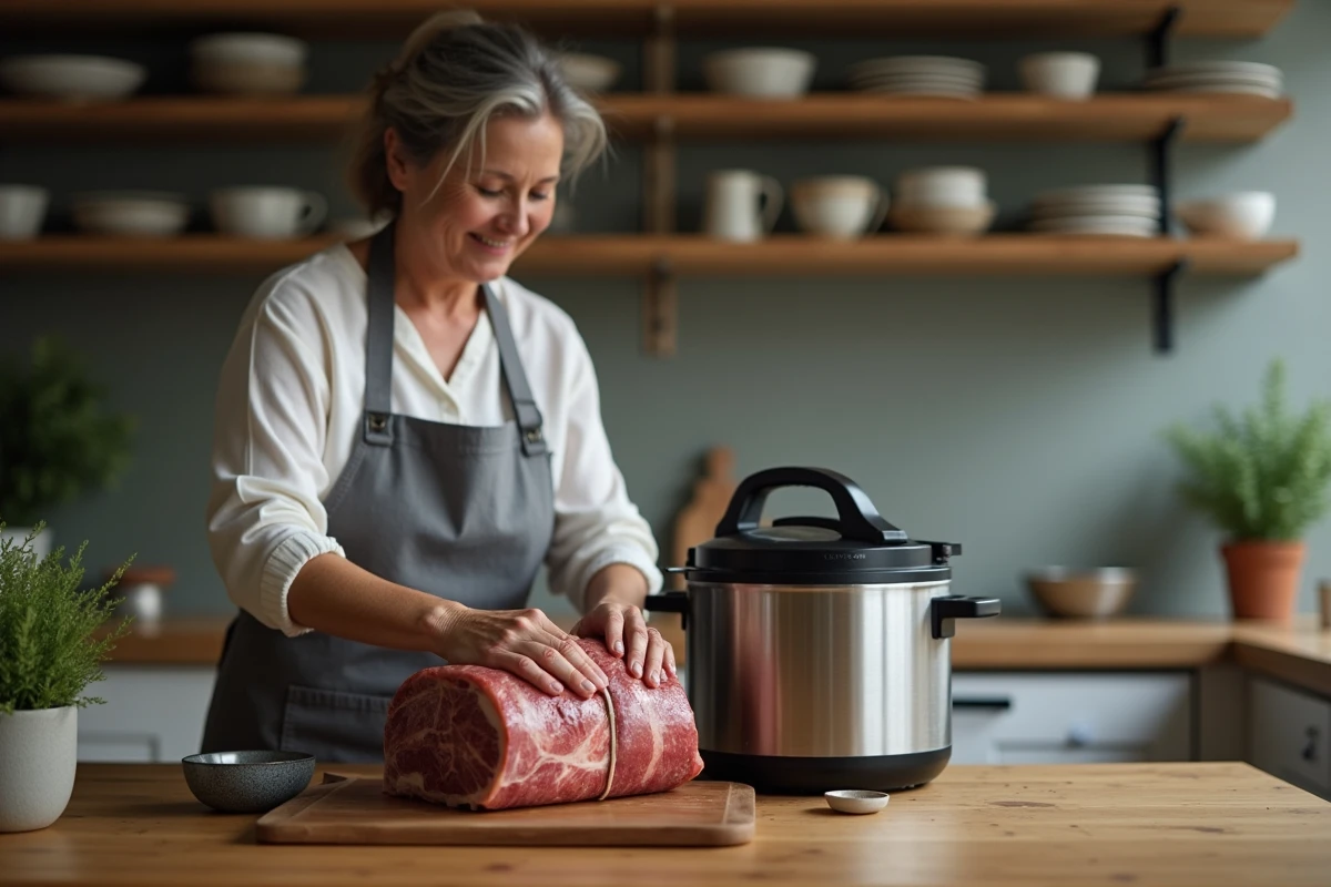 Femme préparant un rôti de porc familial en le plaçant dans un Cookeo dans une cuisine maison