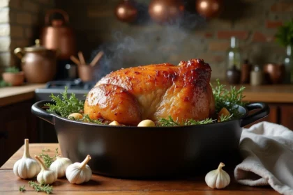 Rôti de porc doré dans une cocotte en fonte avec ail, thym et échalotes sur une table en bois rustique