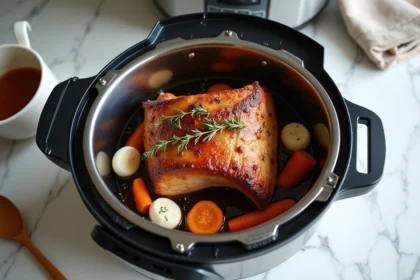 Rôti de porc doré dans un Cookeo avec carottes, ail et thym sur plan de travail en marbre blanc