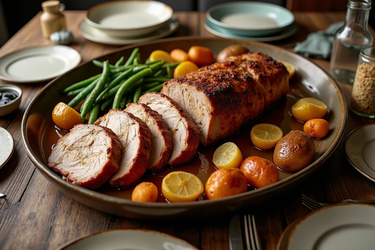Rôti de porc tranché sur plat de service familial avec légumes rôtis sur table en bois rustique