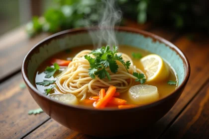 Bol de soupe vermicelle végétarienne grand-mère avec bouillon doré, vermicelles de riz, carottes et herbes fraîches sur table en bois rustique