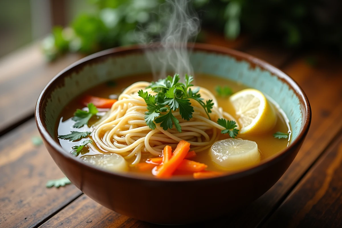 Bol de soupe vermicelle végétarienne grand-mère avec bouillon doré, vermicelles de riz, carottes et herbes fraîches sur table en bois rustique