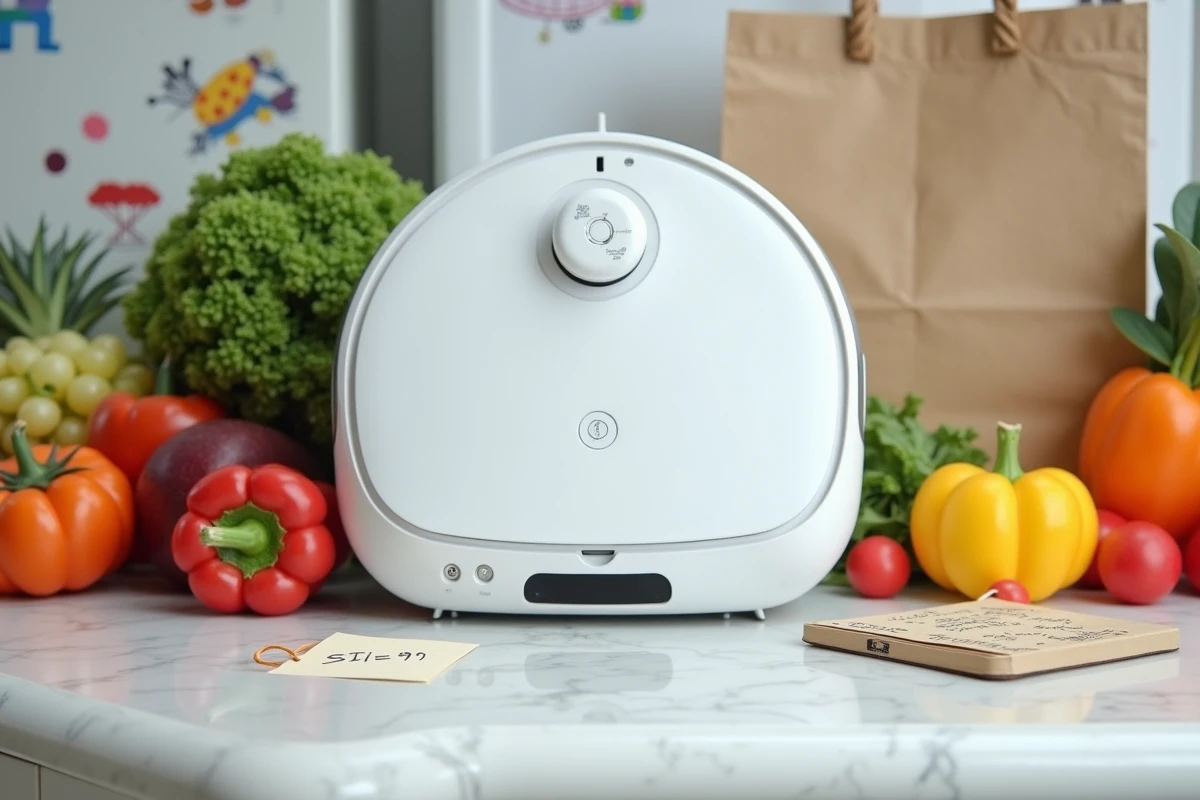 Vue de dessus d'un robot Thermomix entouré de légumes frais et d'un carnet de budget familial sur un plan de travail en marbre