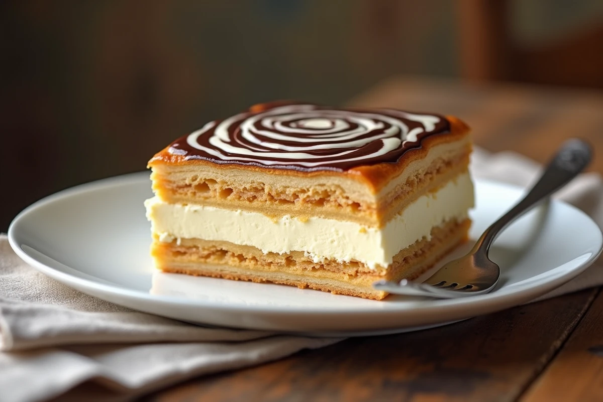 Tranche de mille-feuille maison avec glaçage marbré servie sur une assiette blanche avec une fourchette à dessert
