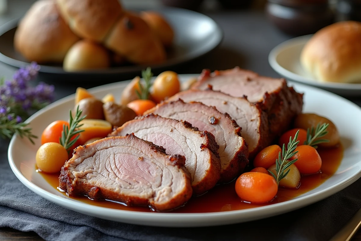 Tranches de rôti de porc cuit à basse température dressées sur une assiette blanche avec légumes rôtis et jus de cuisson