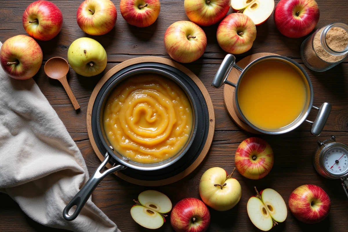 Vue de dessus d'une table avec des pommes abîmées et de la pâte de fruit maison en cours de préparation