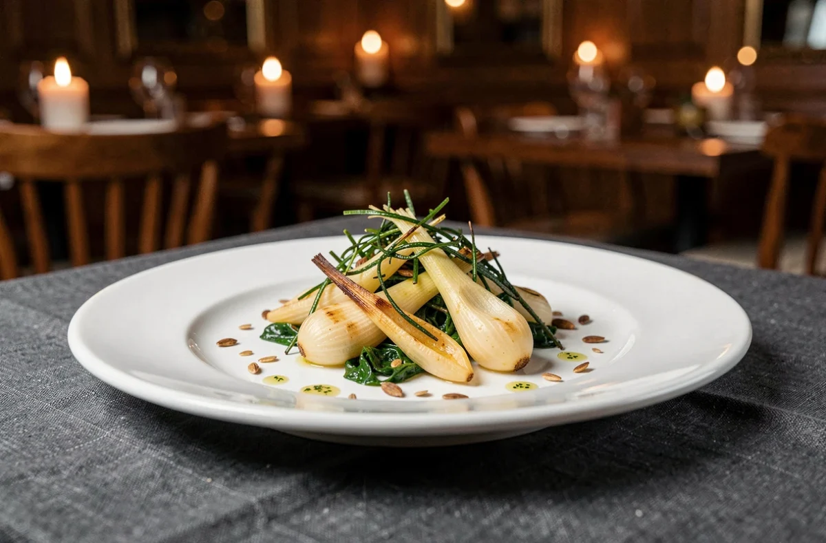 Assiette gastronomique raffinée avec salsifis sauté et salicorne croustillante dans un restaurant élégant