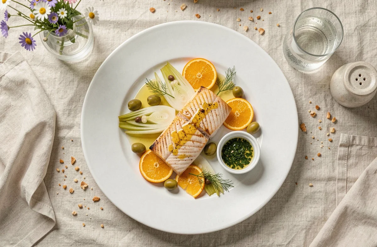 Assiette de poisson en papillote ouvert avec fenouil et olives sur une table de repas dominical