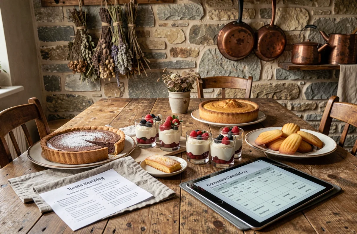 Assortiment de desserts maison présentés sur une table en bois avec une fiche de conversion des mesures culinaires
