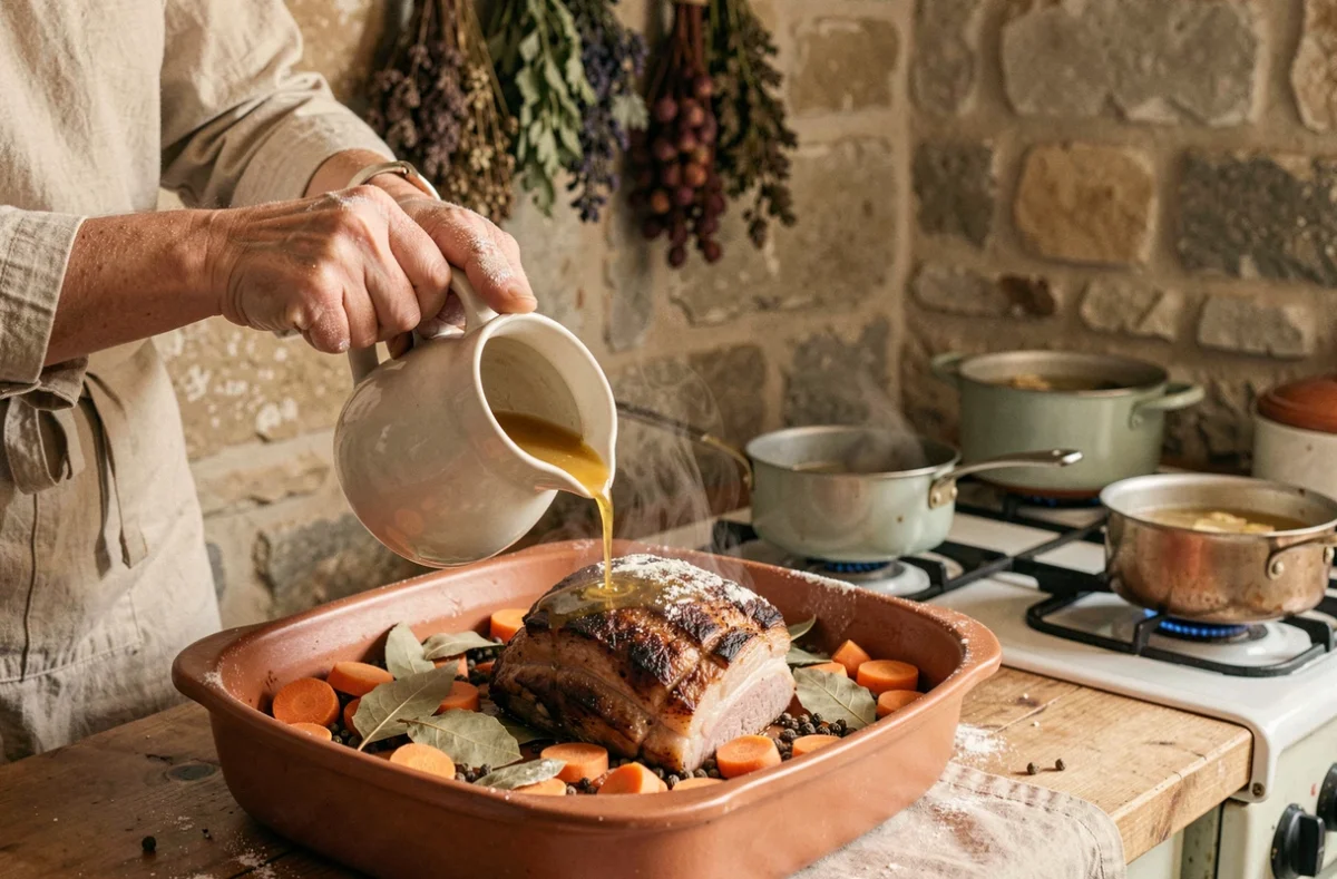 Femme versant du bouillon maison sur un rôti de porc en cocotte en terre cuite dans une cuisine rustique