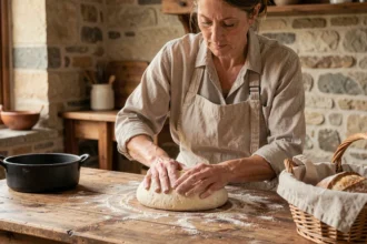 Boulangère façonnant une boule de pain au levain sur une table en bois dans une cuisine campagnarde rustique en été