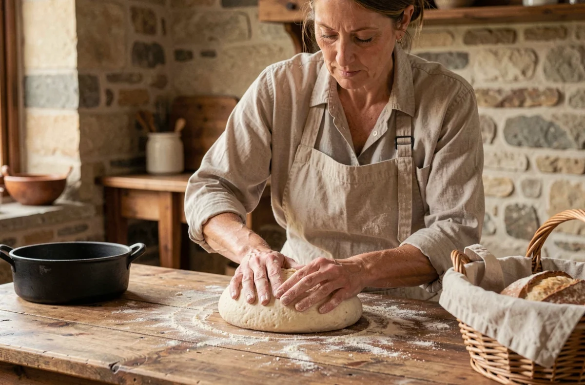 Boulangère façonnant une boule de pain au levain sur une table en bois dans une cuisine campagnarde rustique en été