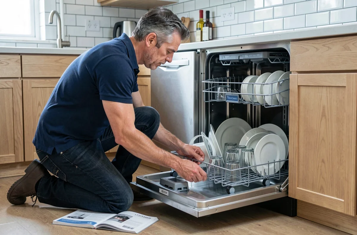 Homme consultant le manuel de son lave-vaisselle Valberg pour optimiser le chargement et les programmes