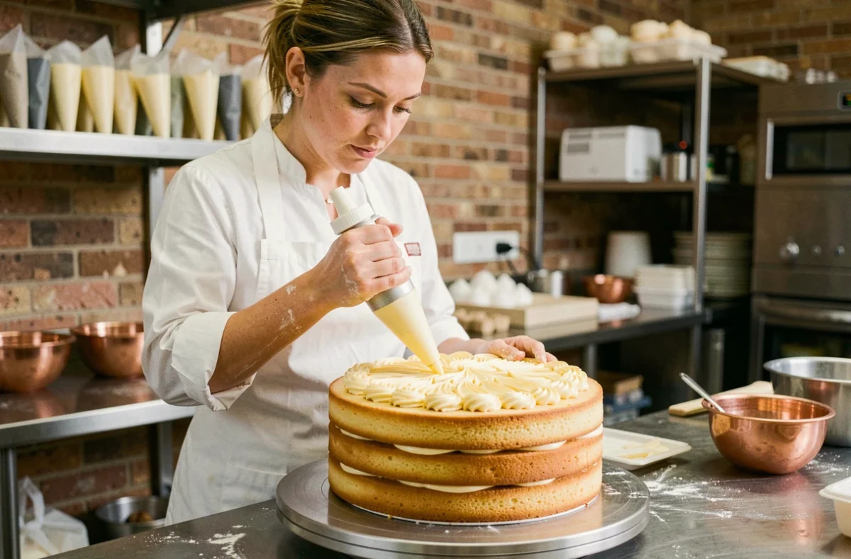 Cheffe pâtissière décorant un gâteau chiffon aux œufs avec une crème custard dans une cuisine professionnelle en 2026