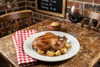 Assiette de confit de canard avec pommes de terre sautées et oignons caramélisés sur table de bistro rustique en bois