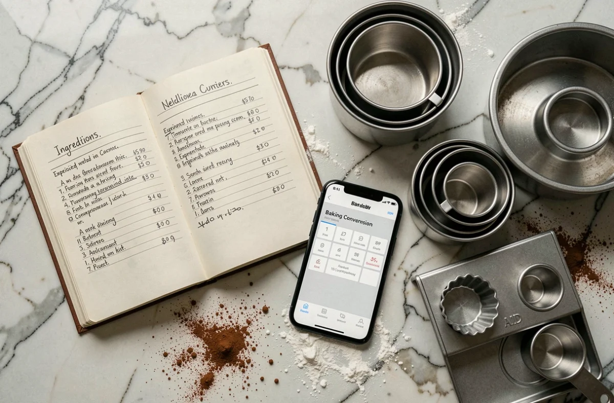 Vue aérienne d'une surface de cuisine avec carnet de recettes, calculatrice de conversion et différents moules à pâtisserie