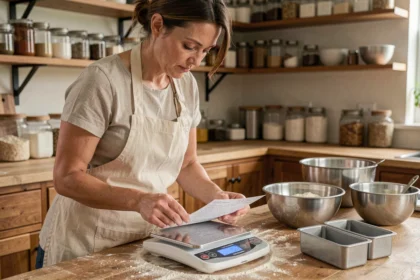 Femme en tablier convertissant des mesures de recette sur une balance numérique entourée de moules à gâteaux variés