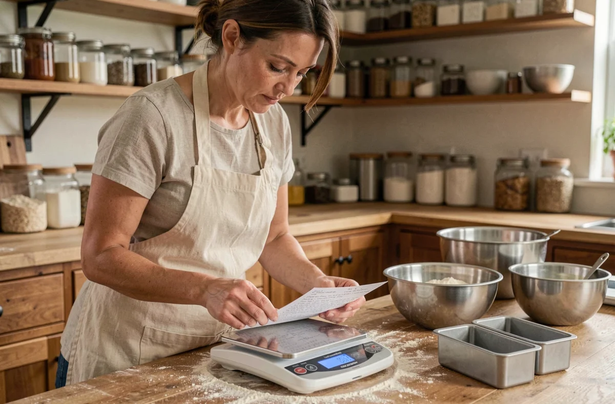 Femme en tablier convertissant des mesures de recette sur une balance numérique entourée de moules à gâteaux variés