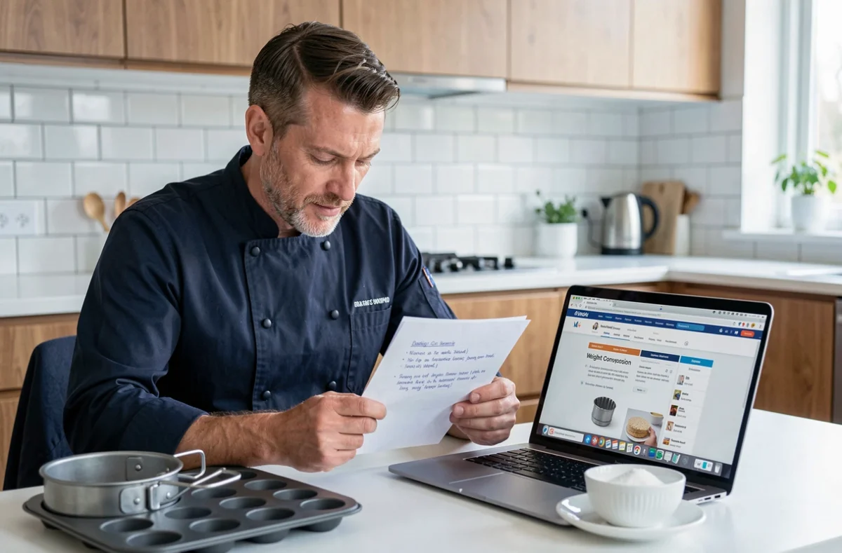 Homme consultant un convertisseur de poids en ligne sur un ordinateur portable pour adapter ses recettes à différents moules