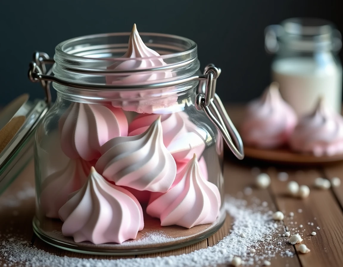 Crottes de licorne en meringue conservées dans un bocal en verre hermétique sur table en bois rustique