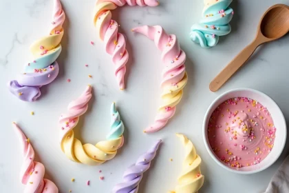 Crottes de licorne en meringue colorées avec paillettes comestibles sur marbre blanc
