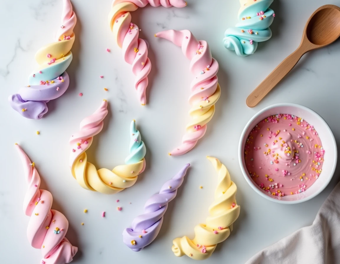 Crottes de licorne en meringue colorées avec paillettes comestibles sur marbre blanc