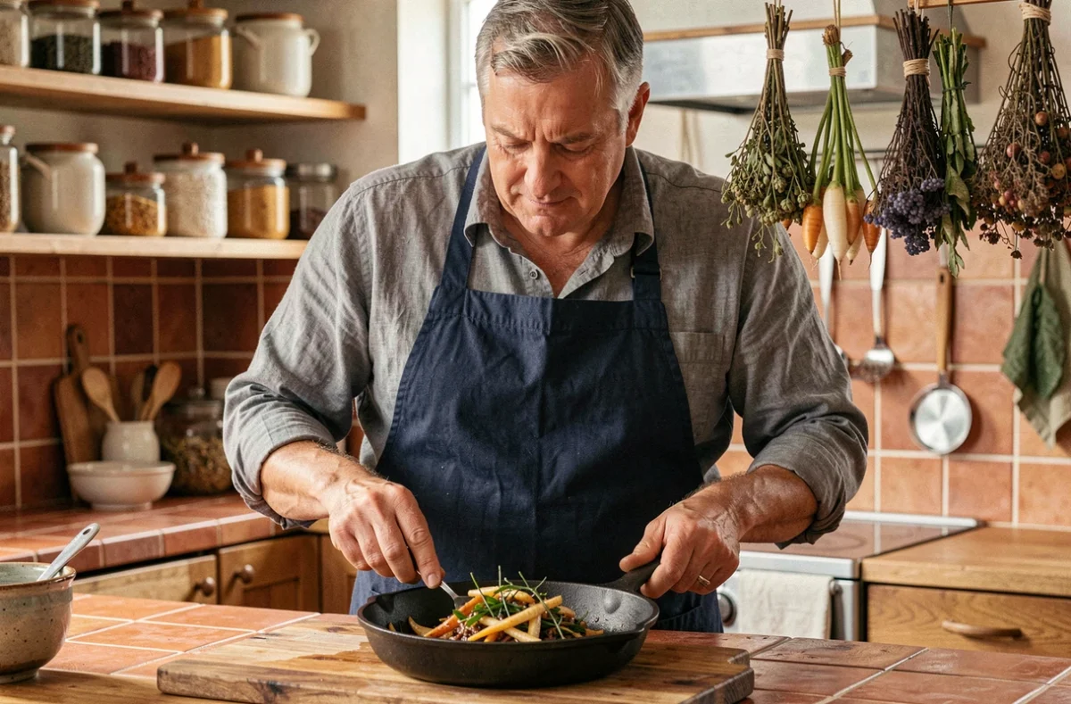 Homme cuisinant des légumes en S comme le salsifis dans une poêle en fonte dans une cuisine rustique